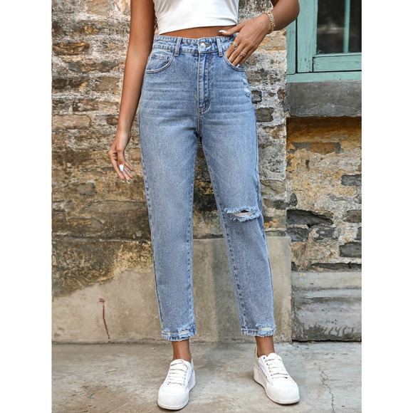 Ripped Frayed Hem Mom Jeans distressed denim straight leg high waisted light - Picture 3 of 7
